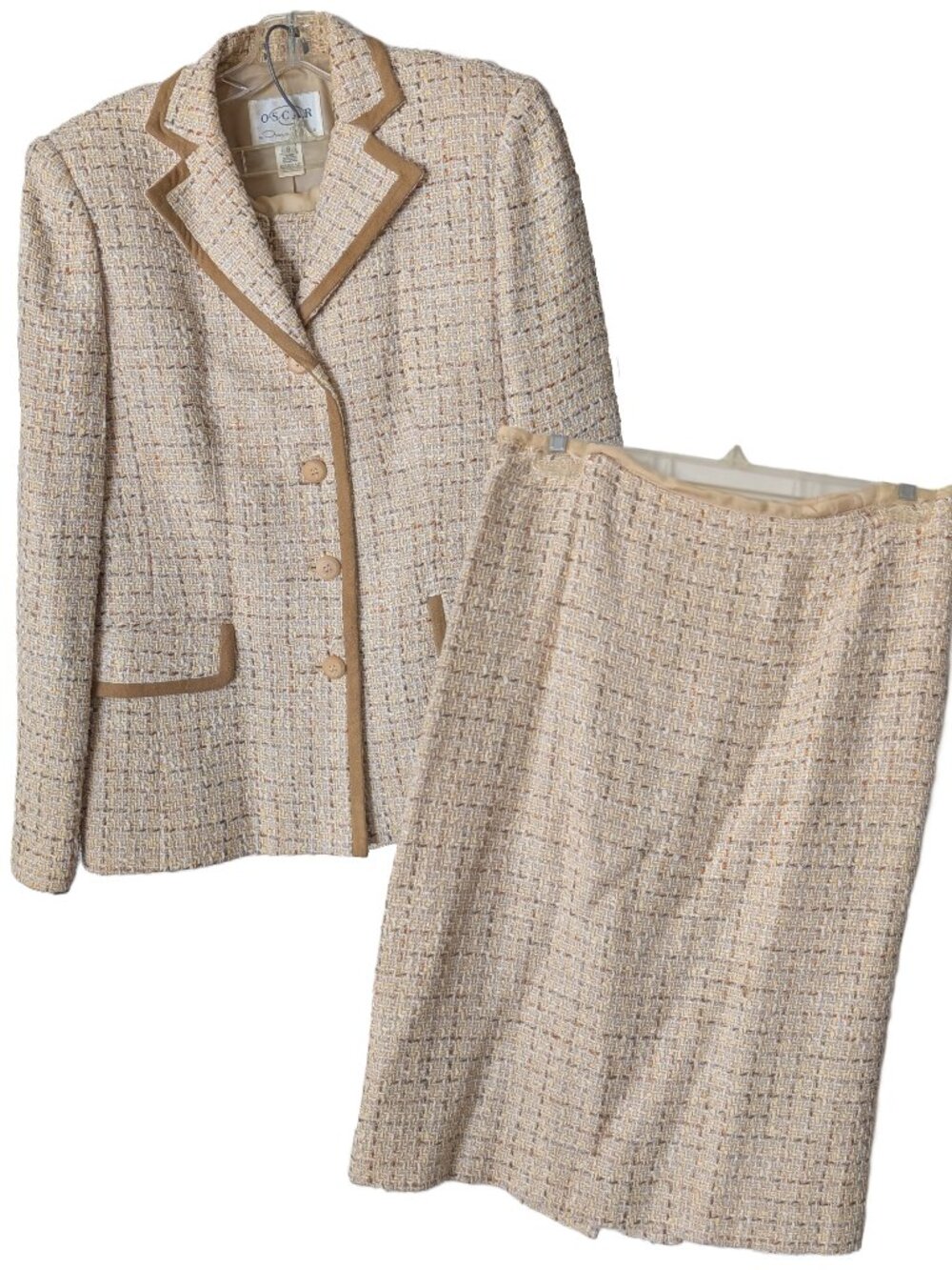 Vintage OSCAR de la Renta Silk Cotton Tweed Skirt Suit Set Leather Trim Beige